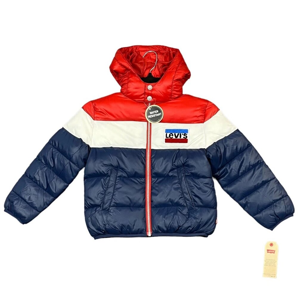 Levi's Boys Full Zip Puffer Jacket Size‎ 3-7 Blue Multi Hooded Water Resistant